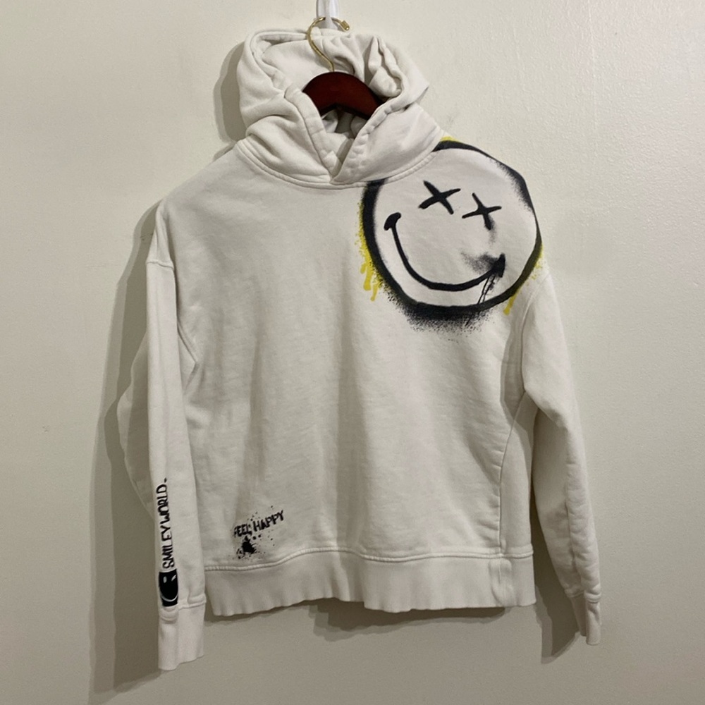 ZARA SMILEY WORLD Girls Hoodie Sweatshirt 13/14 Cream Graphics Collab  Kids